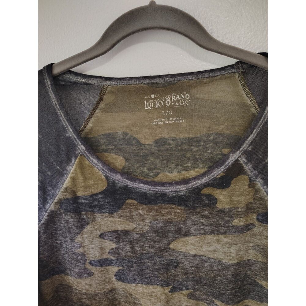 Lucky Brand Camo Raglan Top Large Green Black Burnout 3/4 Sleeve Casual Boho - Picture 3 of 6